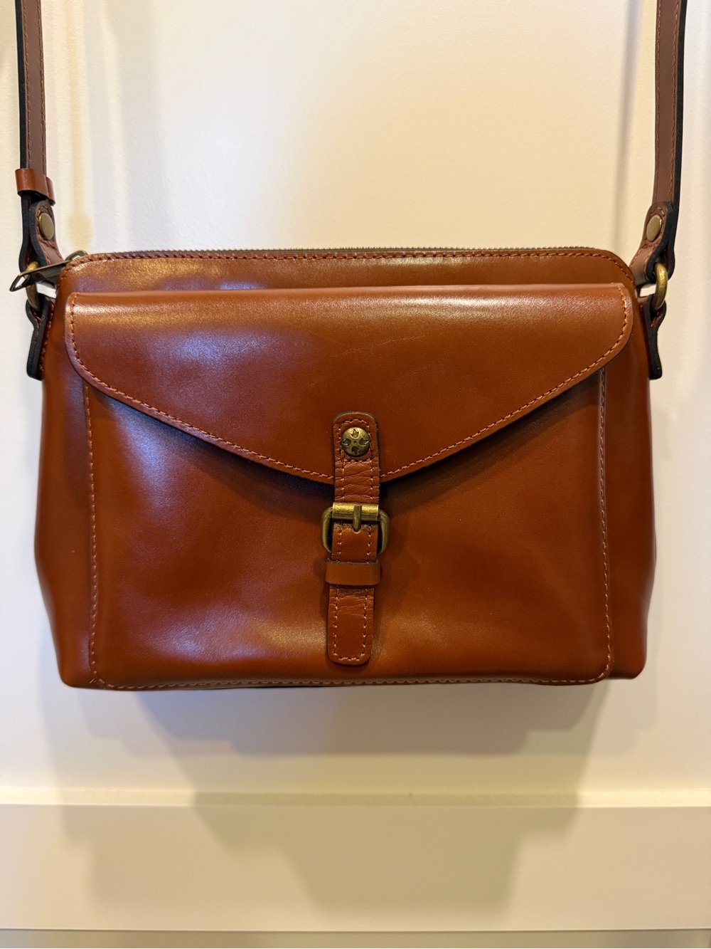 Patricia Nash Cognac Brown Leather Crossbody with Front Buckle